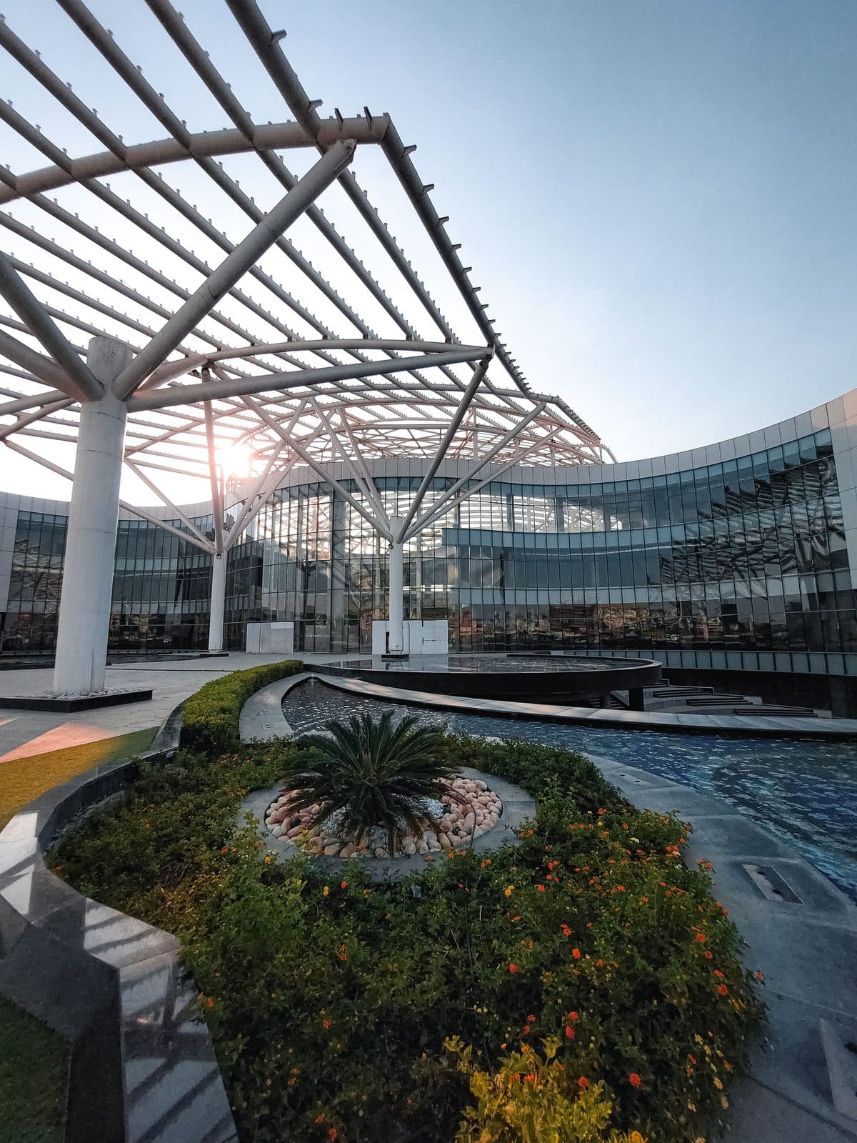 The Mentor Tech corporate campus at dusk