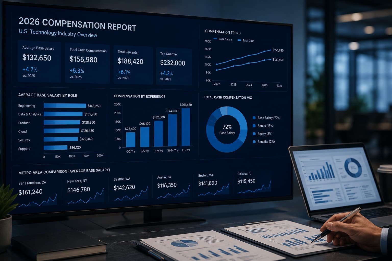 2026 U.S. Technology Compensation Report showing salary, compensation, experience, and metro-area analysis
