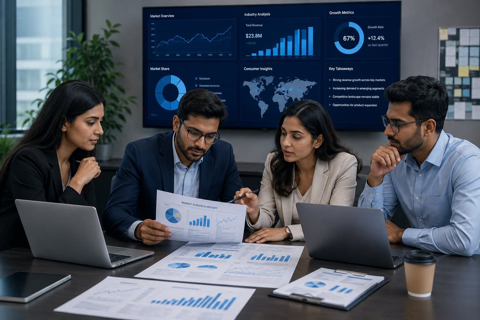 Technology professionals reviewing market research and analytics together