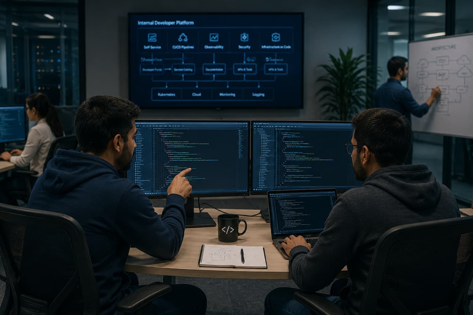 Engineers collaborating on an internal developer platform in a modern office