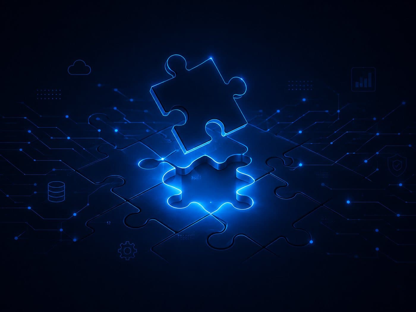 A glowing puzzle piece completing a circuit board — structure, integration and usability
