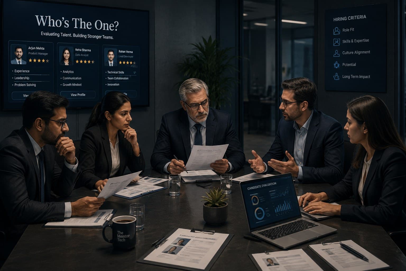 Executive team evaluating candidates during a critical hiring decision