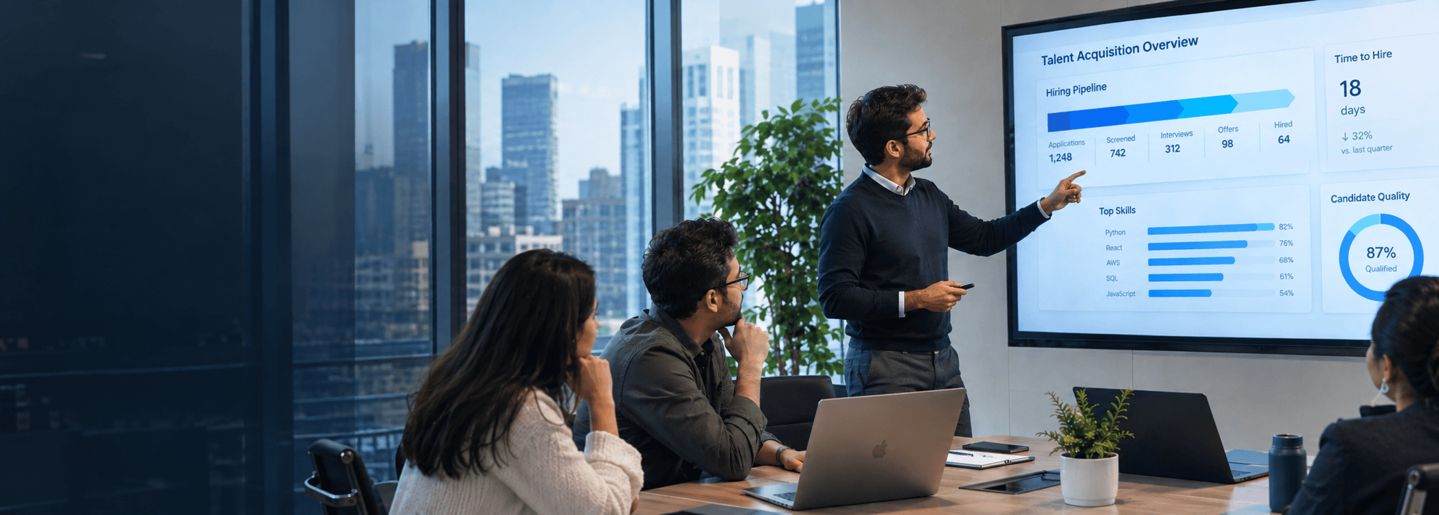 Leadership team reviewing talent acquisition analytics in a modern office